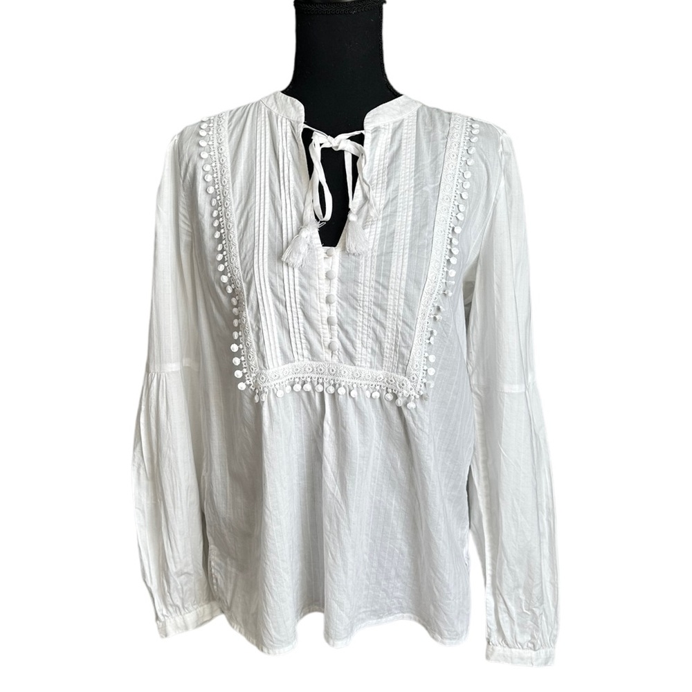 Loft White Cotton Long Sleeve Drawstring V-neck Top Size Small